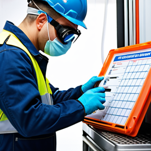Home 4 **
A refrigeration mechanic wearing full PPE (safety helmet, safety shoes, goggles, gloves) meticulously inspecting equipment with a checklist. Focus on the detailed inspection process and the safety gear.
**