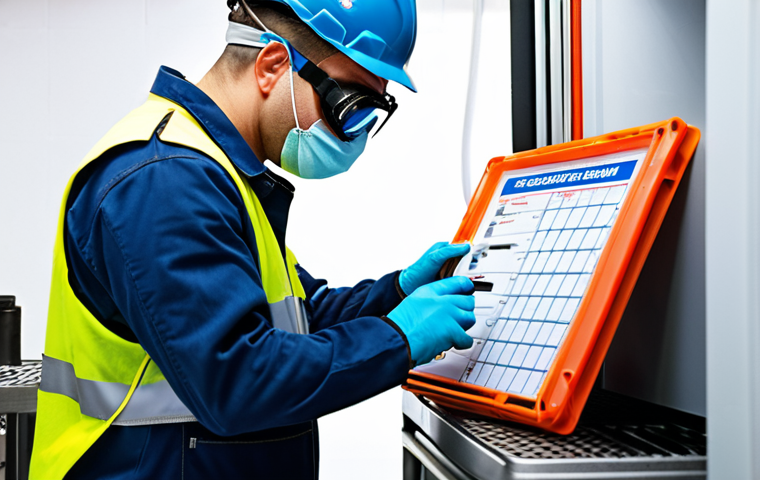 **
A refrigeration mechanic wearing full PPE (safety helmet, safety shoes, goggles, gloves) meticulously inspecting equipment with a checklist. Focus on the detailed inspection process and the safety gear.
**