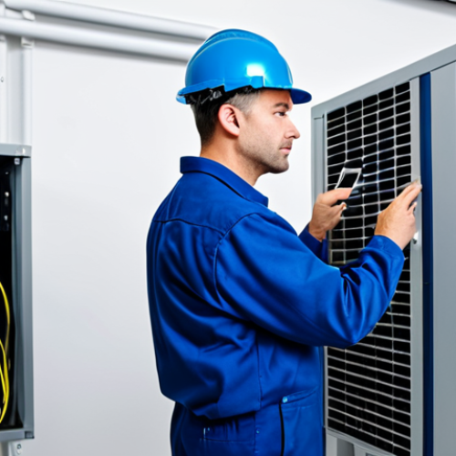 Home 9 "A professional HVAC technician inspecting a building's energy management system, BEMS, analyzing data on a computer screen, fully clothed, appropriate attire, safe for work, professional environment, perfect anatomy, correct proportions, well-lit, family-friendly, high quality."