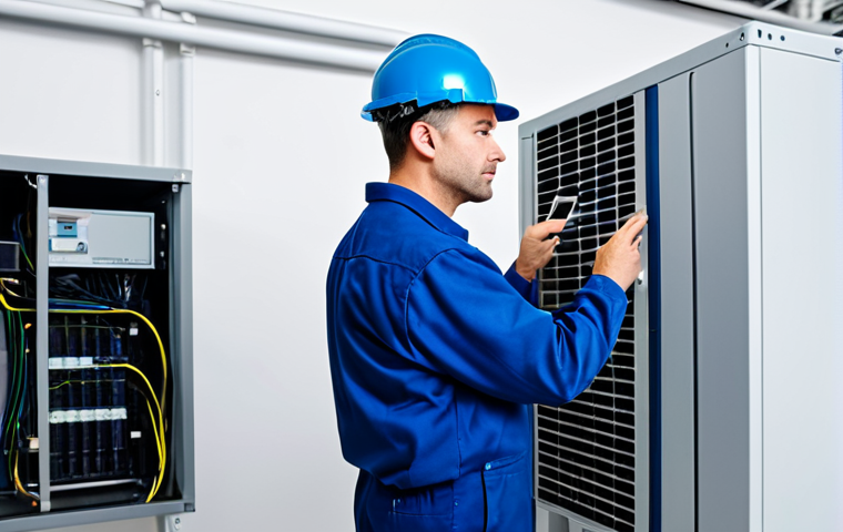 "A professional HVAC technician inspecting a building's energy management system, BEMS, analyzing data on a computer screen, fully clothed, appropriate attire, safe for work, professional environment, perfect anatomy, correct proportions, well-lit, family-friendly, high quality."