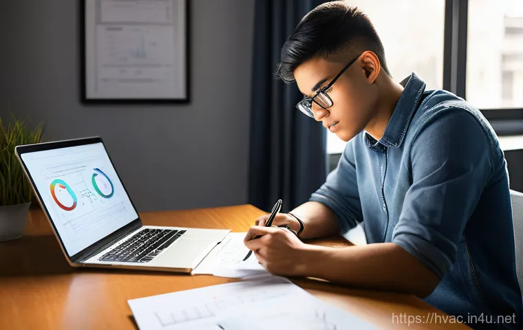 공조냉동기계기사 필기시험에서 자주 출제되는 문제 - A focused young adult, dressed in casual yet neat clothing, is deeply engrossed in studying for the ...