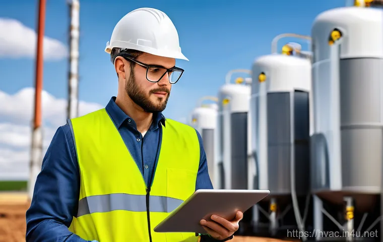 공조냉동기계 설비의 설치 및 점검 사례 - 1°C precision), humidity, and CO2 levels. A male HVAC engineer, dressed in a clean, professional gre...