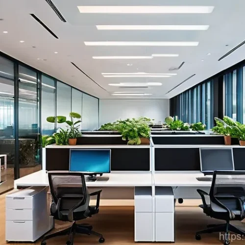 Home 1 공조냉동기계 설비의 설계 사례 - **Prompt:** A vibrant, futuristic open-plan office space bathed in natural light, showcasing an adva...