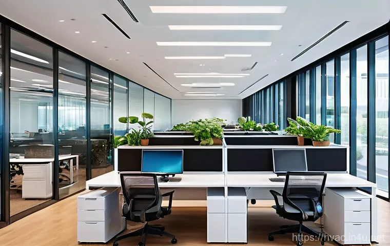 공조냉동기계 설비의 설계 사례 - **Prompt:** A vibrant, futuristic open-plan office space bathed in natural light, showcasing an adva...